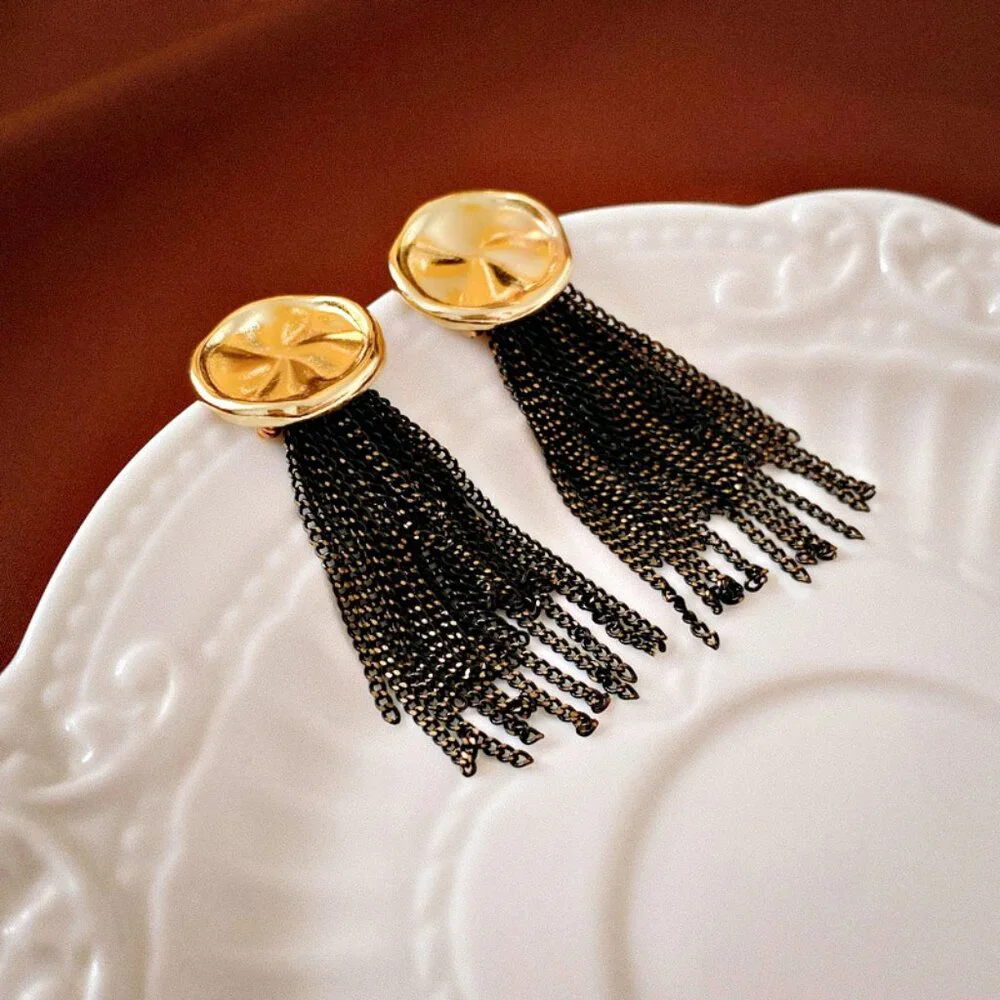 Gold & Black Tassel Statement Earrings Vintage Glam Fringe Earrings Black Chain